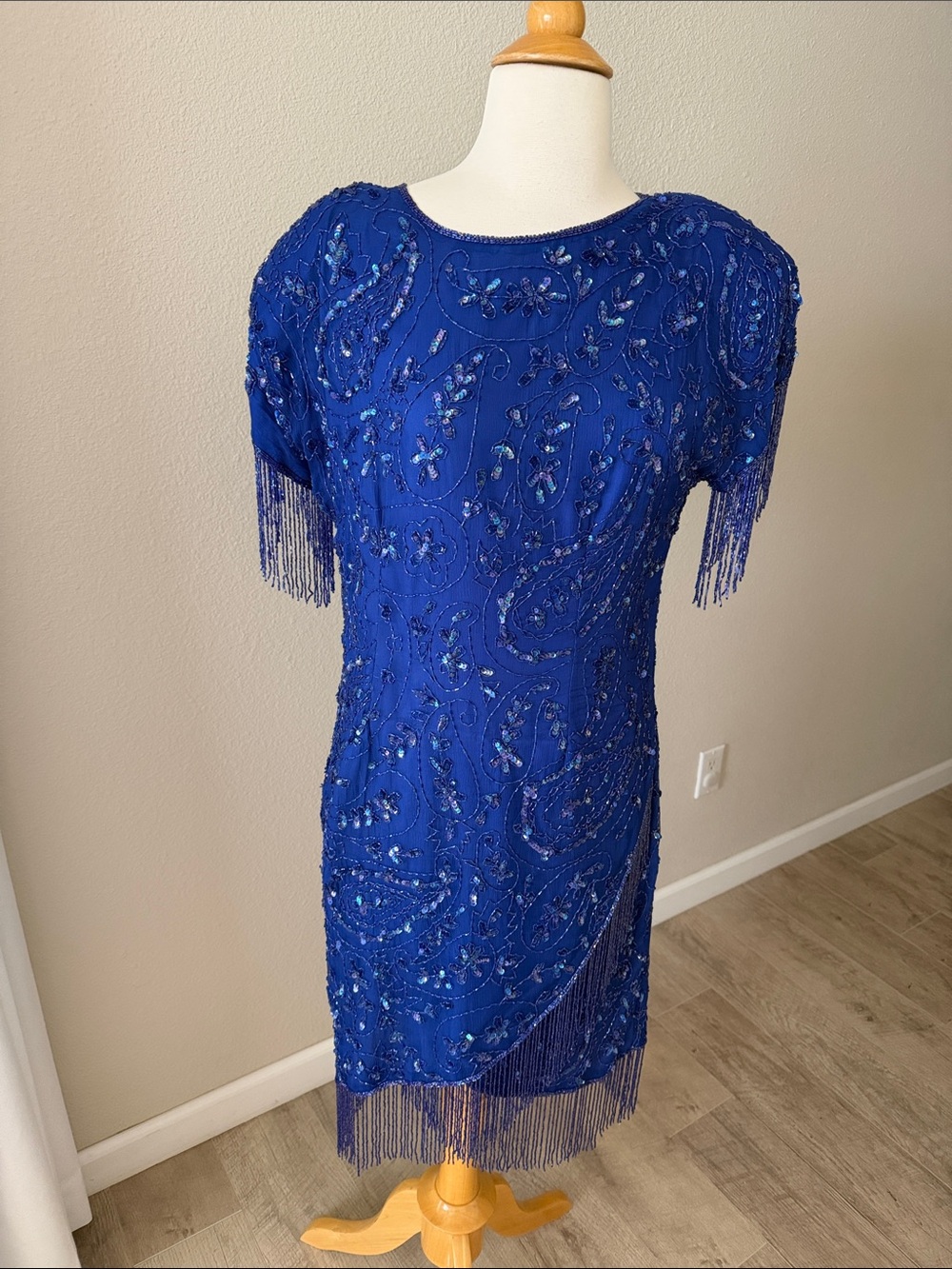 Vintage Silk Beaded Midi Cocktail Dress Large Flapper Gatsby Formal Unique Eveni